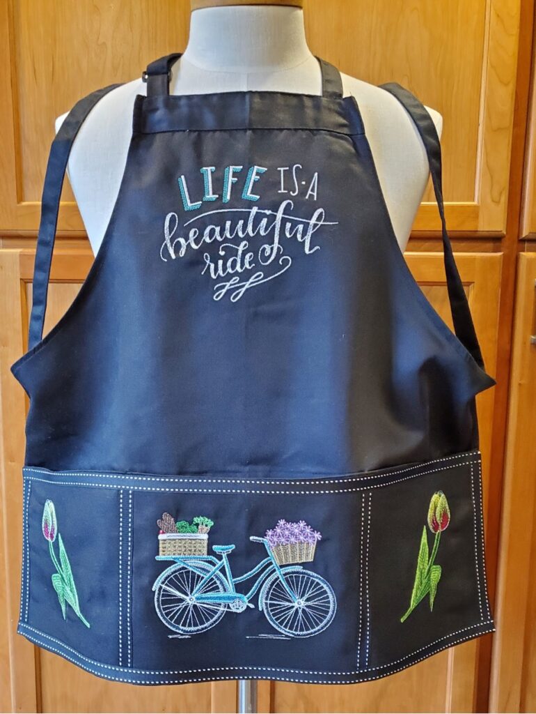 Springtime Garden Apron finished machine embroidery project