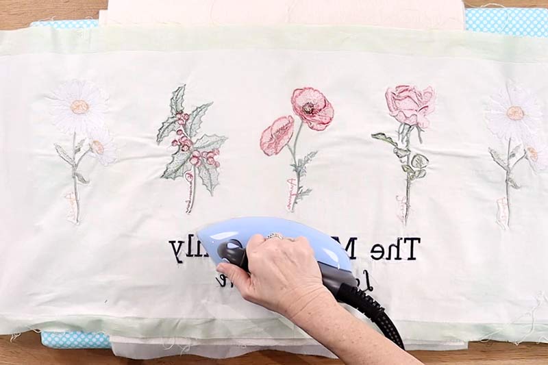 Floral Family Bench Pillow press embroidery