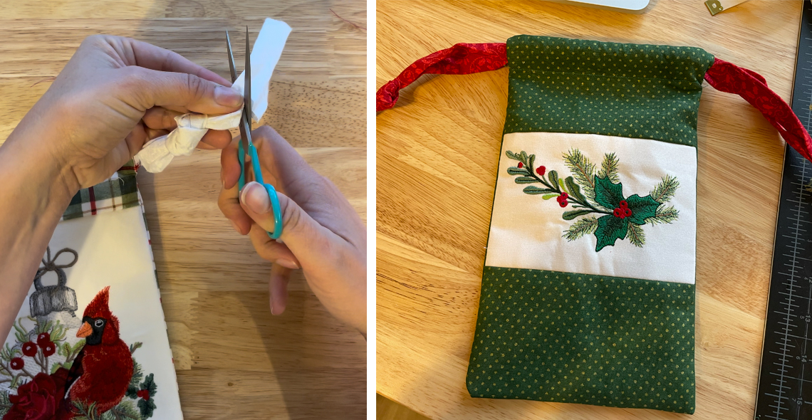 Holiday Drawstring Gift Bags finish drawstrings